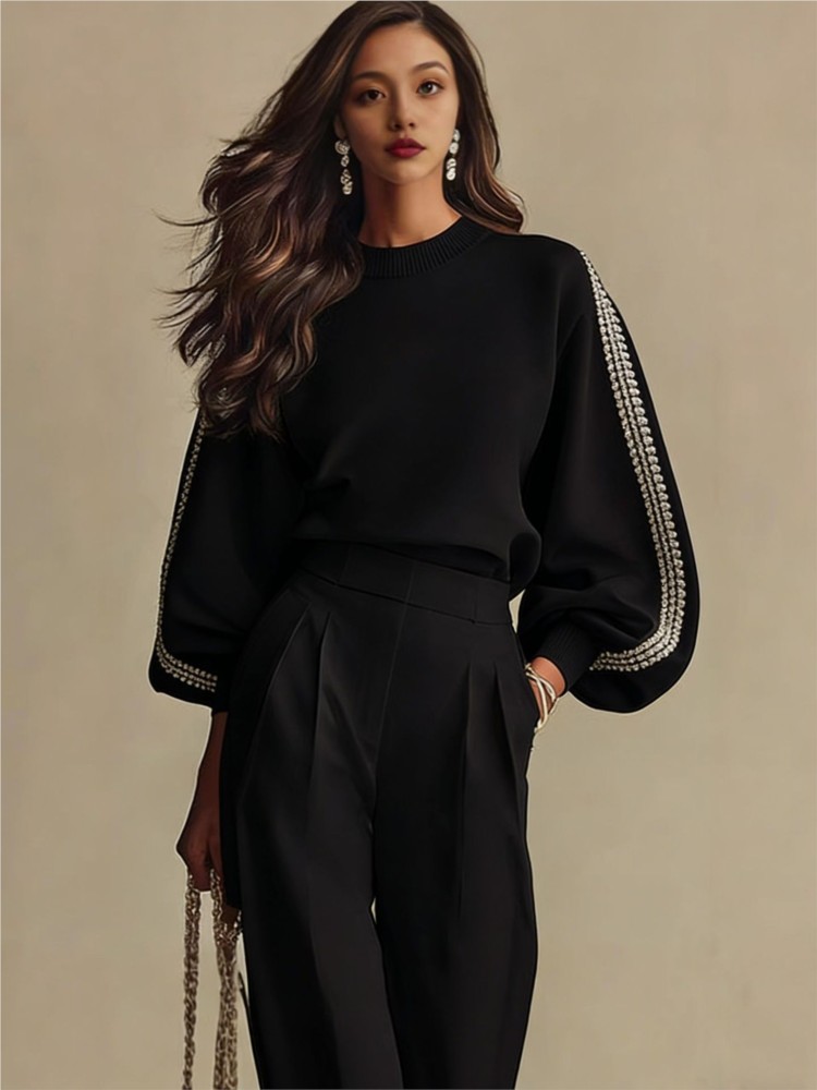 レディース長袖ラウンドネックフーディーセット 2026年春秋 - Wide Leg Palazzo Pants のレビューと価格