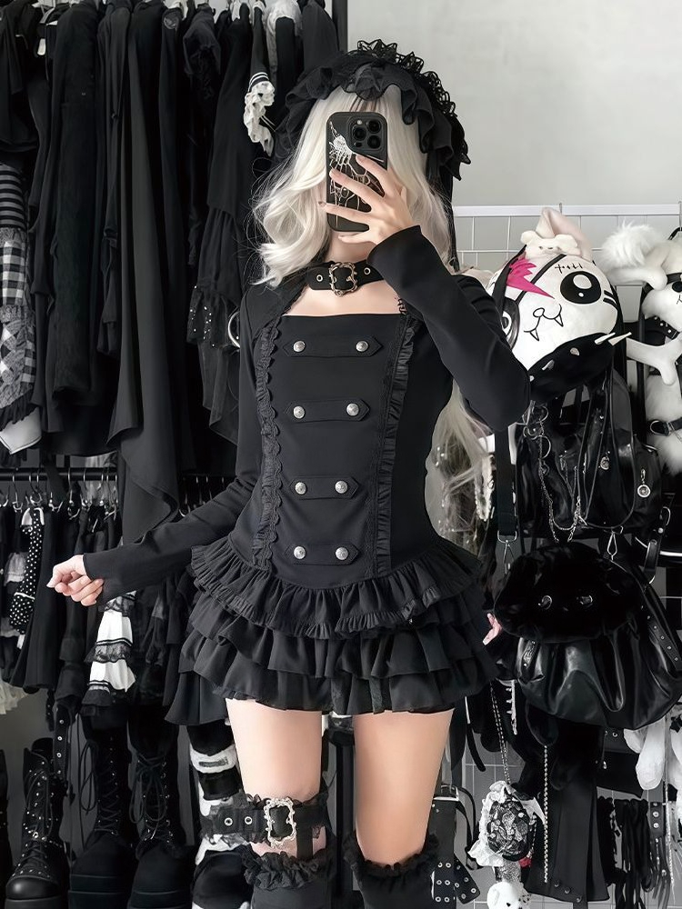 サブカルチャーヴィンテージ長袖ボタンゴシックトップ+ミニソリ - Women'S Fashion Kilt のレビューと価格