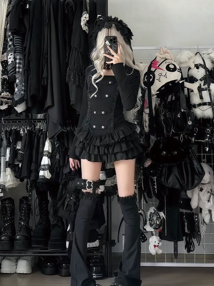 サブカルチャーヴィンテージ長袖ボタンゴシックトップ+ミニソリ - Women'S Fashion Kilt のレビューと価格