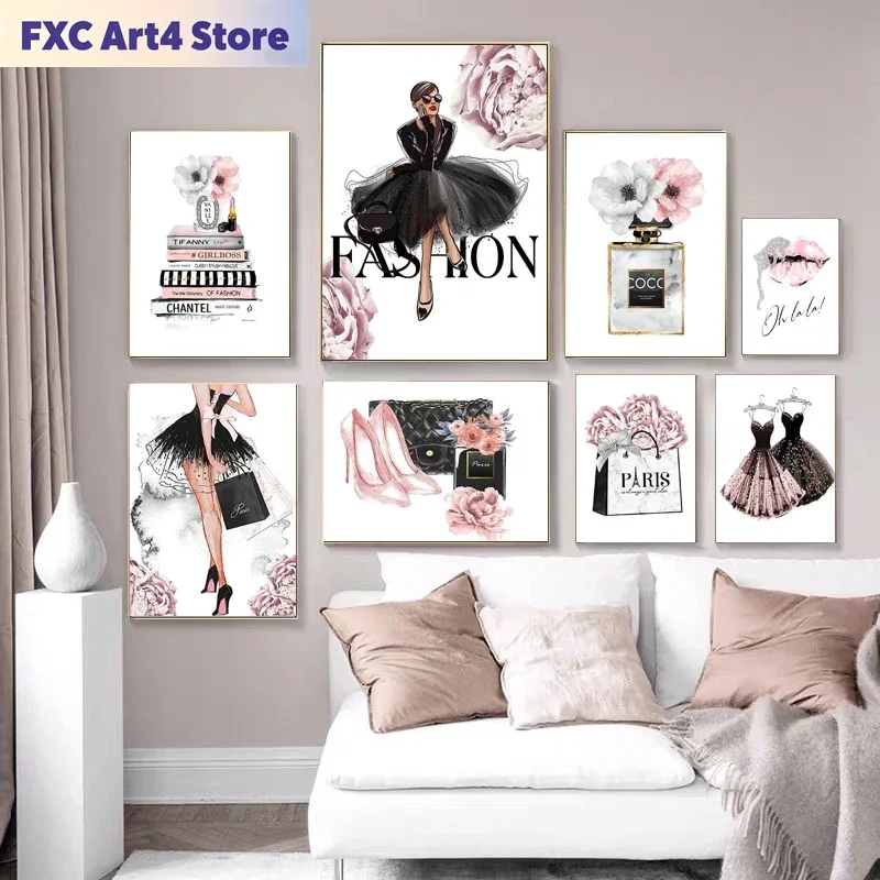 フレームレスファッション女性香水ポスタープリント写真ピンクフ - Fashion Women Picture のレビューと価格
