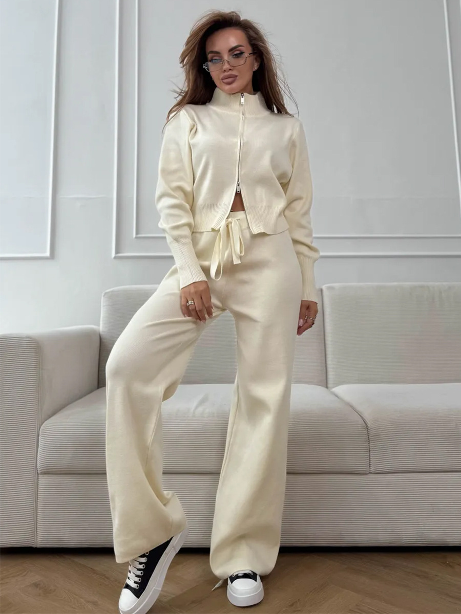 Wolfeel 新しい秋冬ジップアップニットパンツセット女性 - Wide Leg Palazzo Pants のレビューと価格