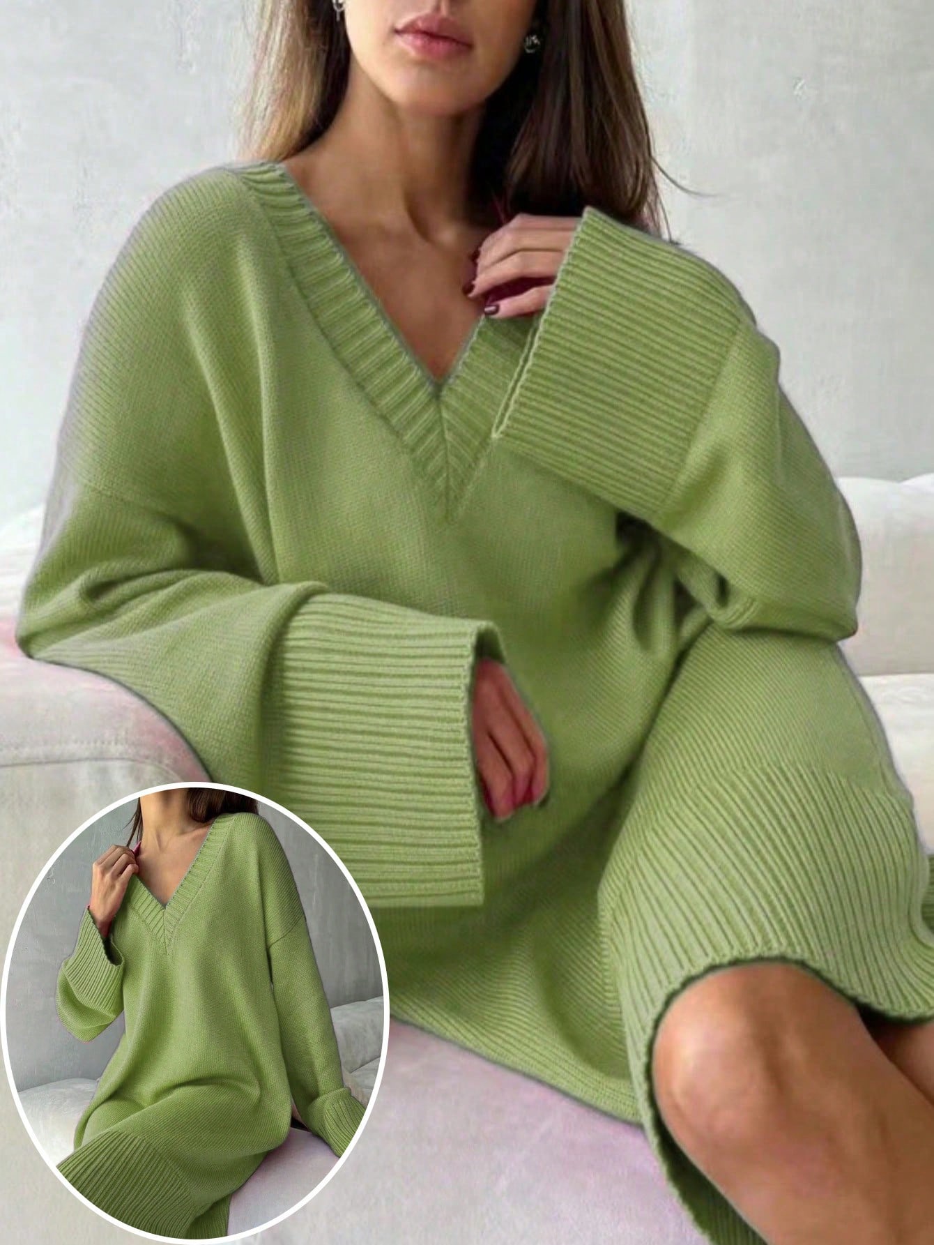 プラスサイズの女性用無地セーターワンピース、Vネック、ドロッ - Ribbed Knit Sweater のレビューと価格