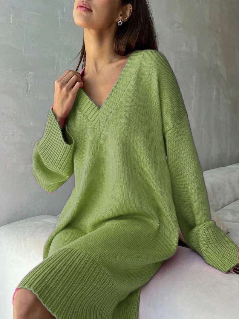 プラスサイズの女性用無地セーターワンピース、Vネック、ドロッ - Ribbed Knit Sweater のレビューと価格