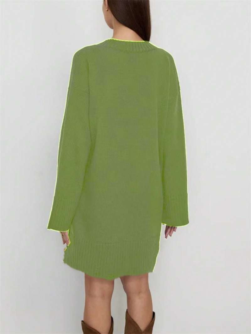 プラスサイズの女性用無地セーターワンピース、Vネック、ドロッ - Ribbed Knit Sweater のレビューと価格